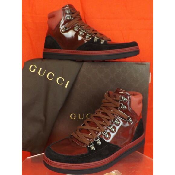GUCCI SOFTY TEK CONTRAST INTERLOCKING BURGUNDY BLACK LOGO HI SNEAKERS 8 US 9 - Picture 1 of 12